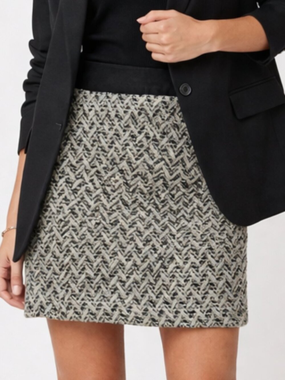 MILLY Chevron Tweed Wool Mini Skirt Metallic Ivory 4